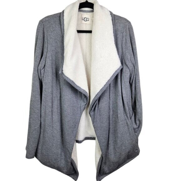 Ugg Faux Shearling Shawl Cardigan Size Medium Heather Gray Cream Ivory - Picture 1 of 16